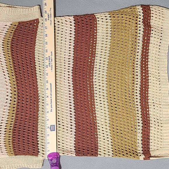 CATO Womens Tan Striped Short Sleeve Crochet Sweater - Size Large - Picture 7 of 8